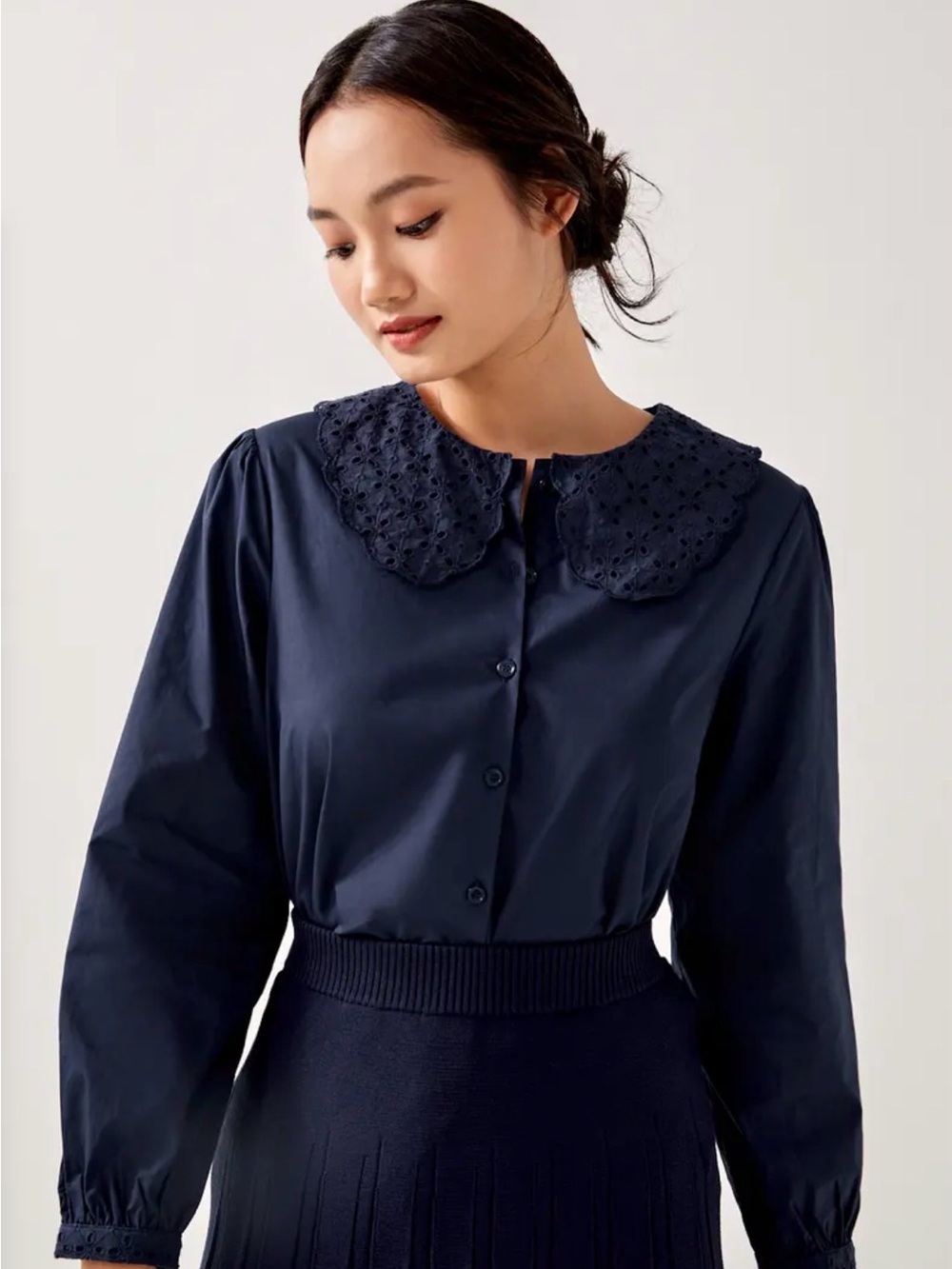 NWT Love Bonito - Navy Eyelet Peter Pan Collar Button-Up Top